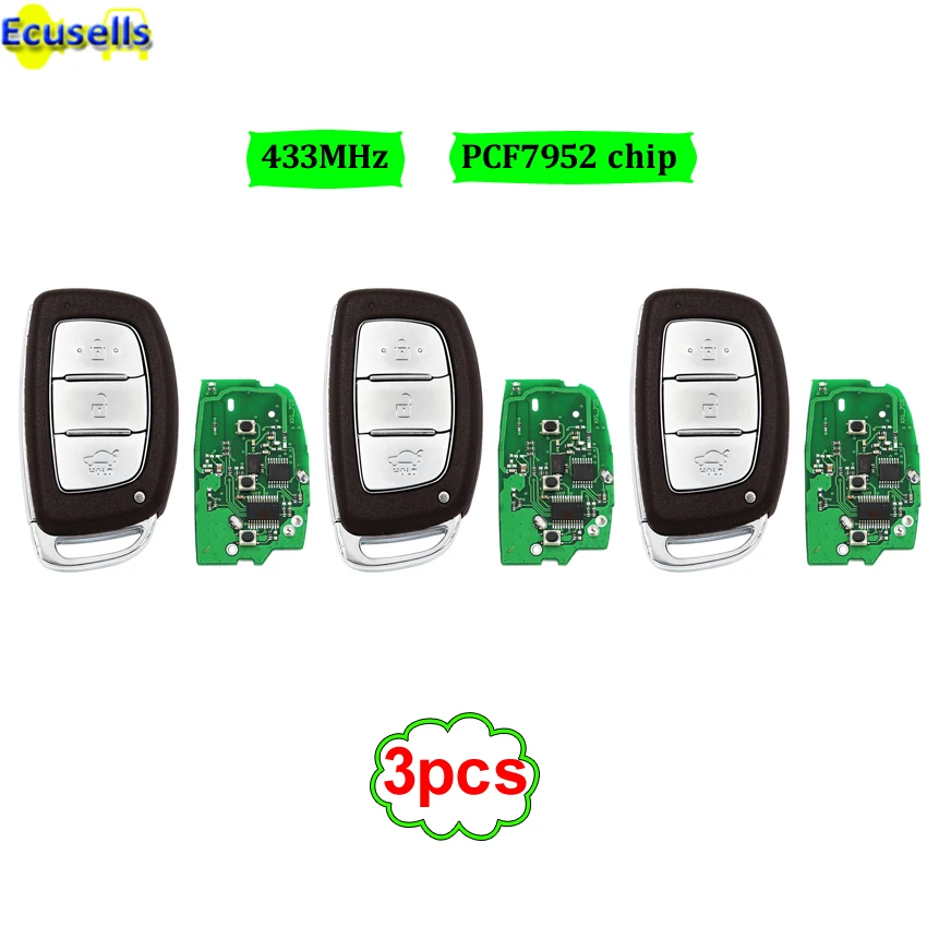 

3pcs/lot for Hyundai VERNA ELANTRA smart remote key control 433mhz keyless entry push start key fob with PCF7952 CHIP uncut
