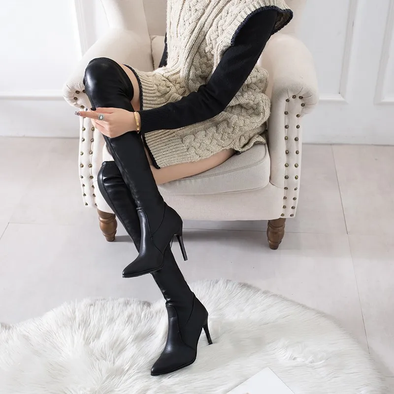 Сапоги выше колена на тонком высоком каблуке 10 см женская кожаная обувь черного цвета без застежки женские пикантные высокие сапоги с острым носком Botas Mujer