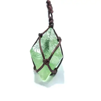 

Natural Blue-green Gemstone Fluorite Emerald Crystal Pendant Wrap Braid Necklace Yoga Macrame For Men Women
