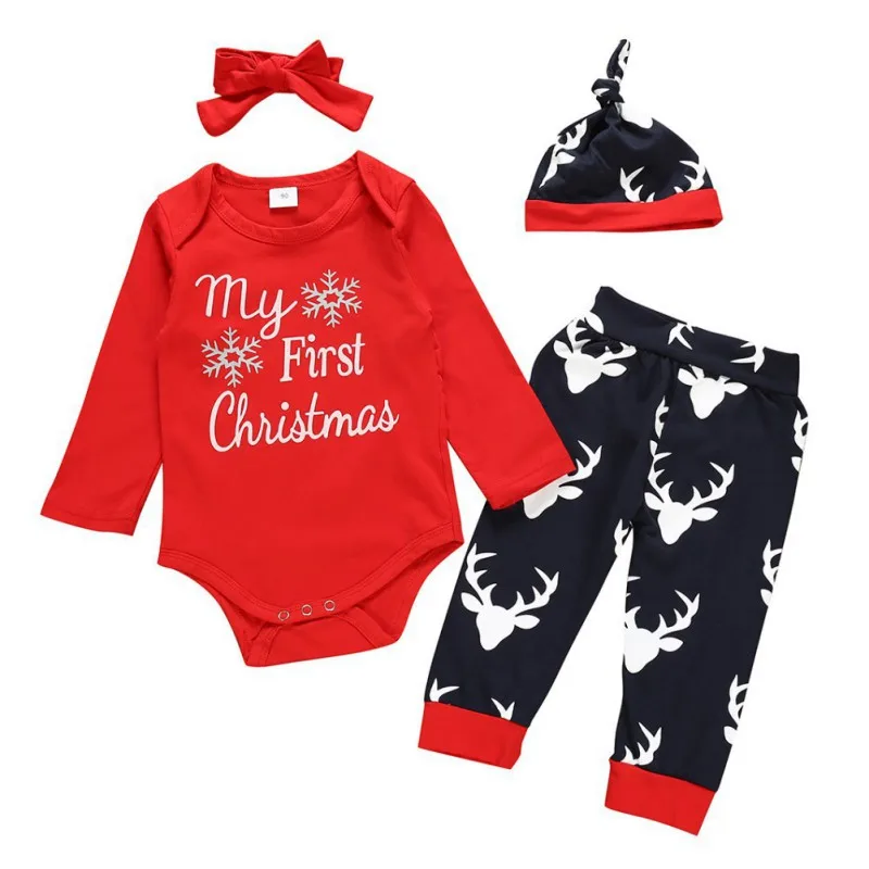 Комплекты для маленьких мальчиков и девочек комплекты рождественской одежды хлопковый комбинезон с длинными рукавами и буквенным принтом, штаны и повязка на голову, шапки, детская одежда - Цвет: SZ1912 (4)