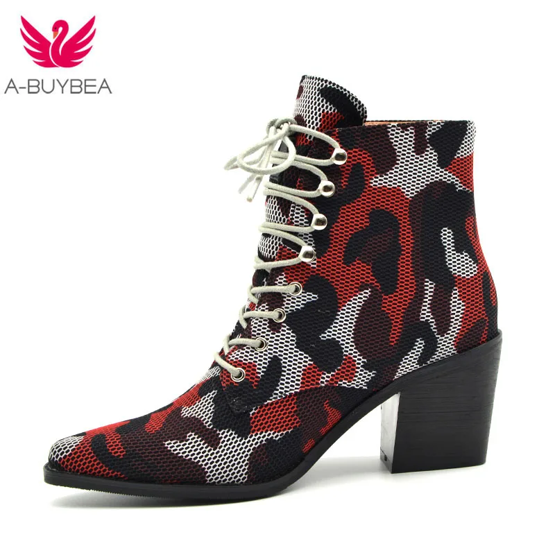 

2020 Autumn Winter Women Boots Lycra Fabric Toggle Laces Pointed Toe Boots Fashion Ankle Boots Square Heel Shoes Woman Sapatos