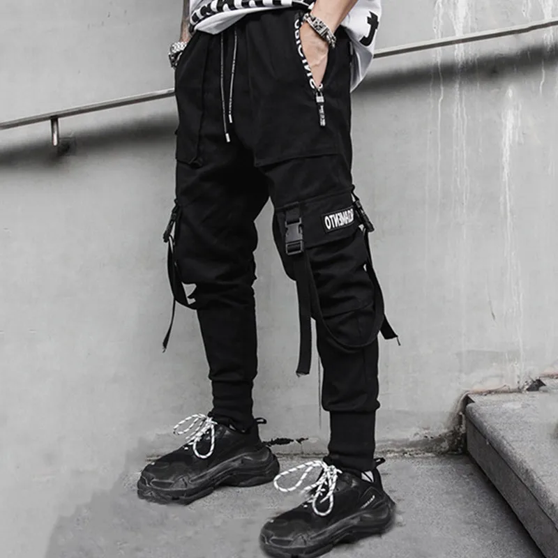 2020 Joggers Cargo Pants for Men Casual Hip Hop Hit Color Pocket Male Trousers Sweatpants Streetwear Ribbons Techwear Pants