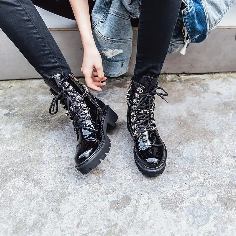 womens black patent leather combat boots