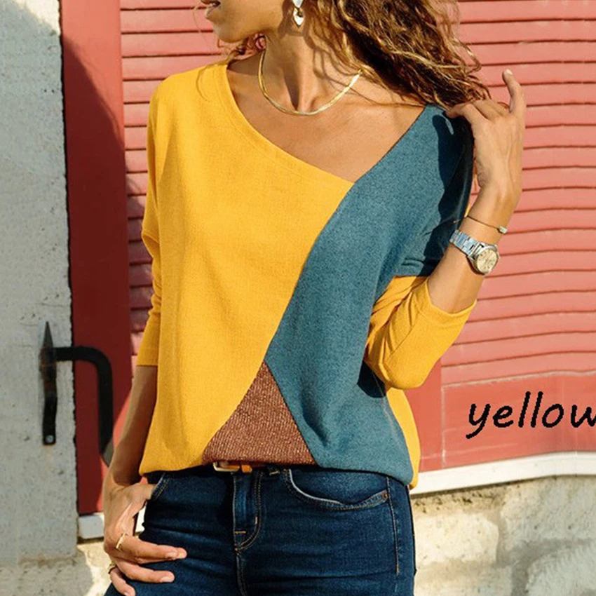 

Solid Colorblock Patchwork Shirts Women Casual Fashion Pullovers Long Sleeve Spring Shirts Female Elasticity Breathable Soft Top
