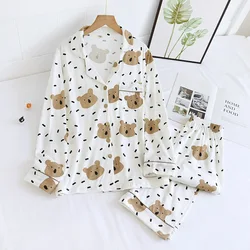 New Spring and Autumn Ladies Pajamas Long-sleeved Trousers 100% Cotton Cartoon Loose-fitting Suit Collar Cute Home Service Suit
