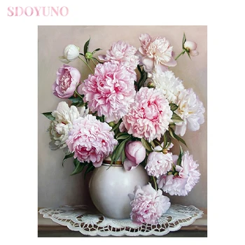 

SDOYUNO Peony oil painting by numbers flowers kit for adults HandPainted pictures by numbers acrylic set art supplies home decor