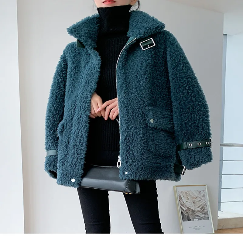 

MENINA BONITA 2022 Fashion Winter Jacket Women Coat Weave Real Natural Wool Fur O-Neck Zipper Loose Warm Streetwear Overcoat