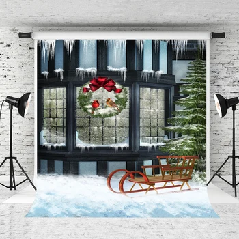 

VinylBDS Christmas Window Backdrop Photography Background Wreath Background Building Pine Street Background For Photo Studio