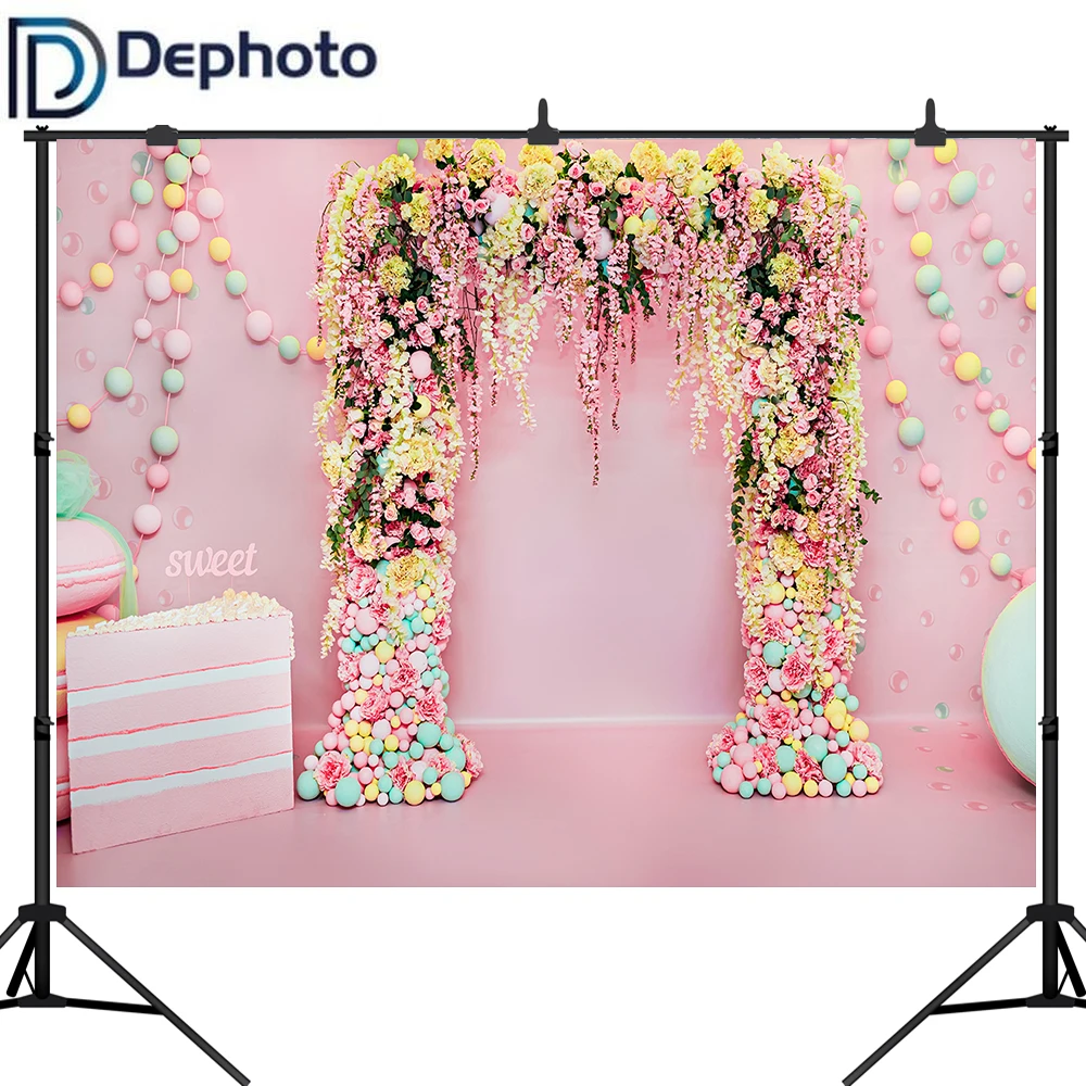 Dephoto Sweet 16 Birthday Party Photography Backdrops Pink Cakes Flowers Balls Wedding Decorated Arched Door photo Background |
