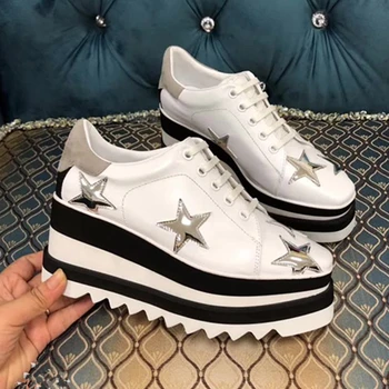 

Platform Women Sneakers Fashon Star Mirror Leather Women Causual Shoes Runway Luxury Brand Wooden Bottom Women Outdoor Footwear