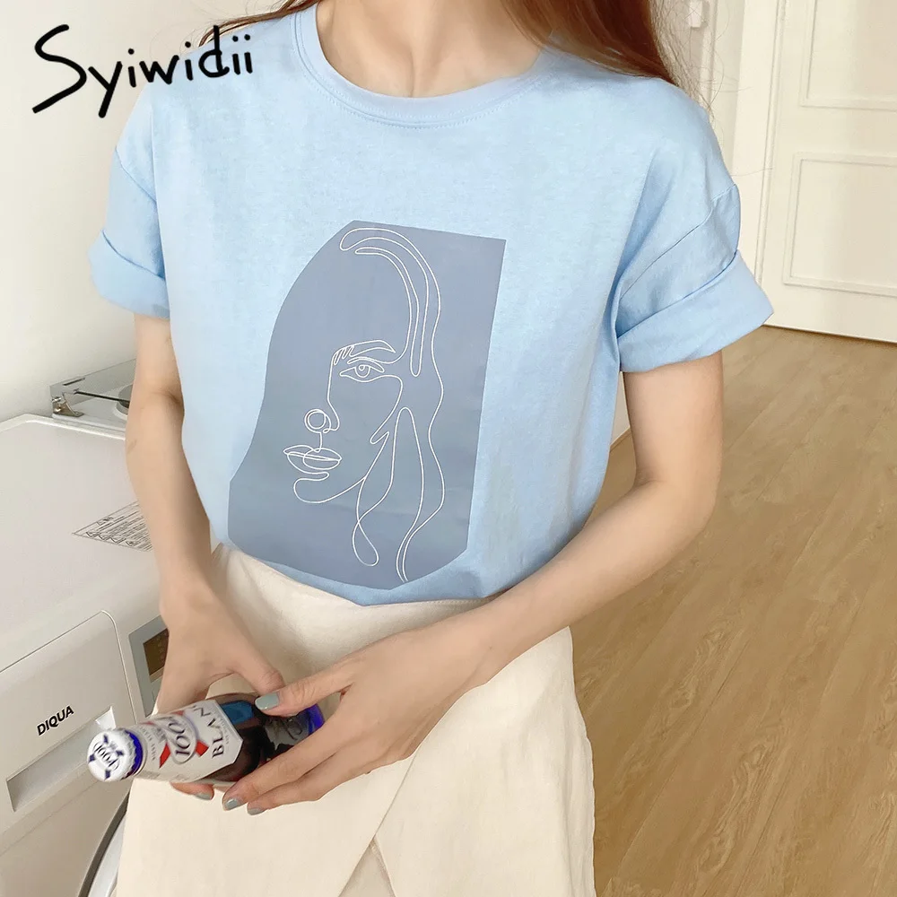 Женская хлопковая Футболка Syiwidii, Однотонная синяя или белая футболка с принтом персонажа, летний сезон|Футболки|   | АлиЭкспресс