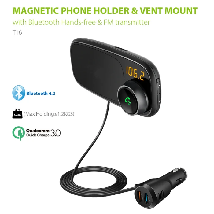 Автомобильный Bluetooth fm-передатчик с магнитным держателем для телефона QC 3,0 зарядка MP3 музыкальный плеер DC128