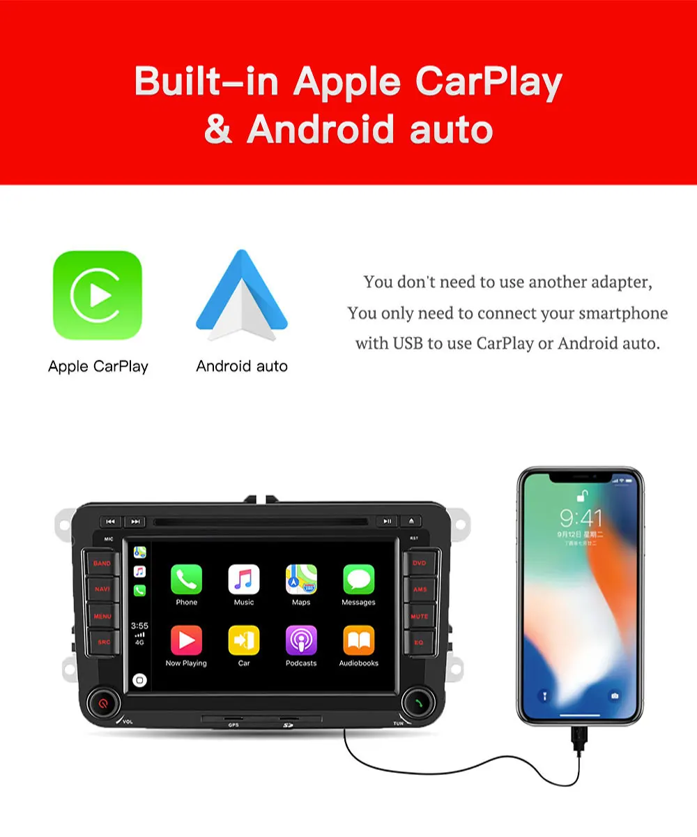 Встроенный ключ Carplay и Android авто 7 дюймов Автомобильный dvd-плеер радио для V W Volkswagen POLO PASSAT TOURAN Golf 5 6 Skoda Seat