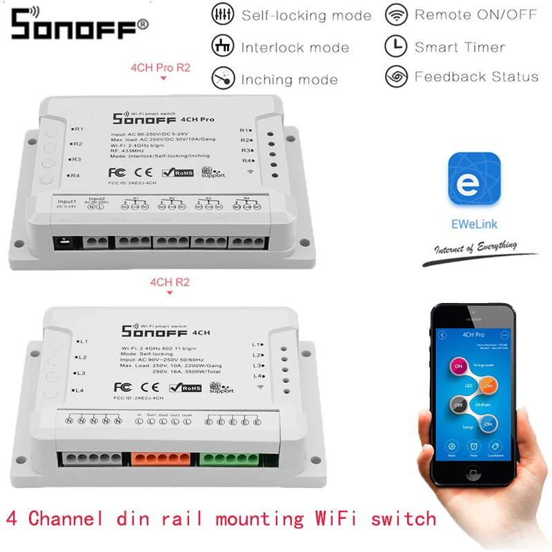 

SONOFF 4CH R2/PRO R2 Smart Switch, 4-channel WIFI Smart Home Timer Light Switch for Google Home Work with EweLink WiFi Switch