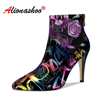

Women Embroidery Summer Boots Spring Stiletto Heel Ankle Boots Genuine Leather Ethnic Shoes Women Pointed Toe Red Plus Size 40