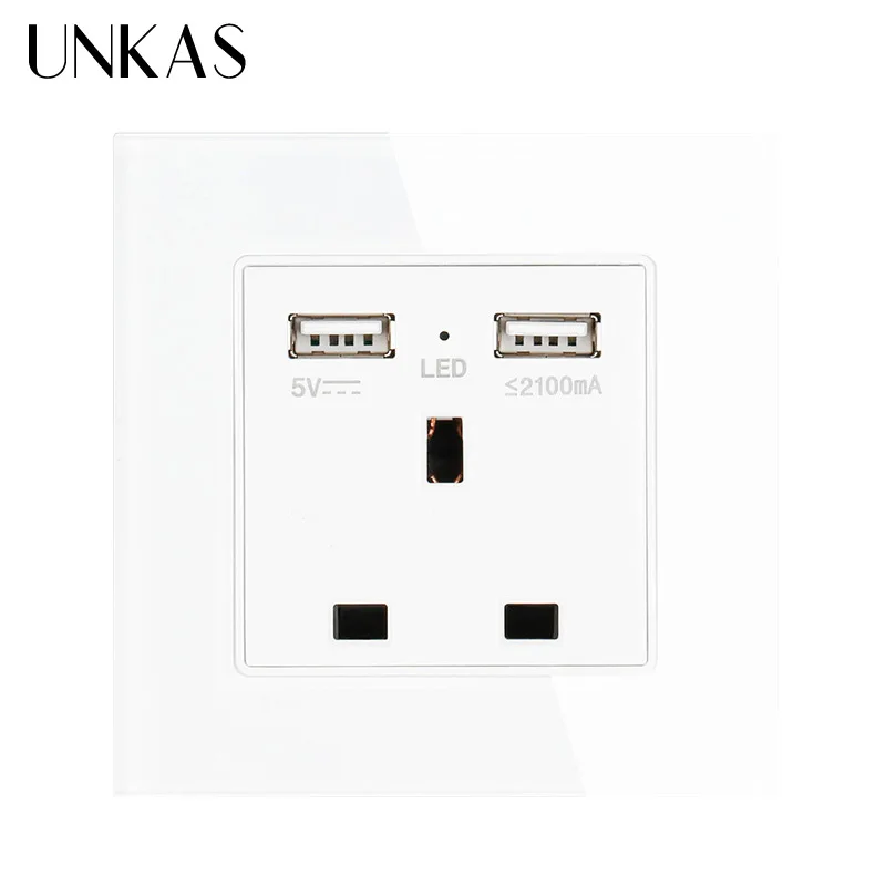 White UNKAS настенная розетка с кристаллами, стеклянная панель, двойной usb порт для зарядки, 2.1A настенное зарядное устройство, адаптер 13A розетка стандарта Великобритании 110~ 250 В - Тип: White