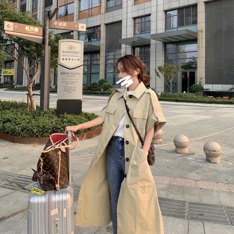 Fox Mrs. Early Autumn Vintage Khaki Single Breasted Short Sleeve Trench Coat Elegant Loose-Fit Middle Long Coat Women's