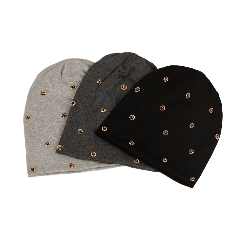 

Women Casual Rhinestone Black white Accessories Beanies hat For Ladies New Design Slouchy Cotton Knit cap Skullies Bonnet