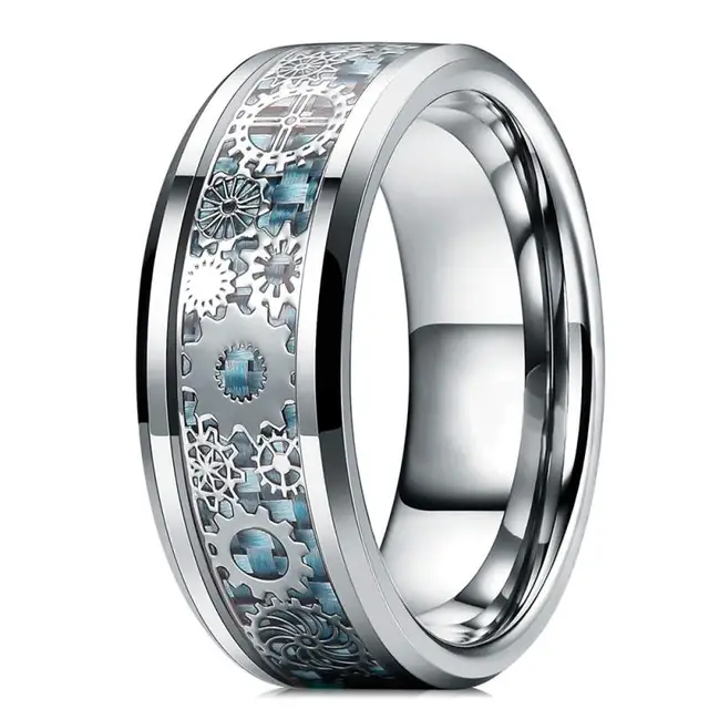 FDLK   8 Colors 8mm Men's Stainless Steel Dragon Ring Inlay Red Green Black Carbon Fiber Ring Wedding Band Jewelry Size 6-13 Gear Light Blue