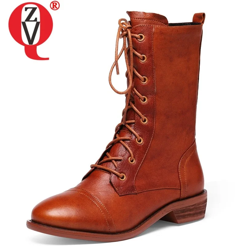 

ZVQ high quality genuine leather mid calf boots winter new fsahion round toe cross-tied zip women shoes drop shipping size 34-42
