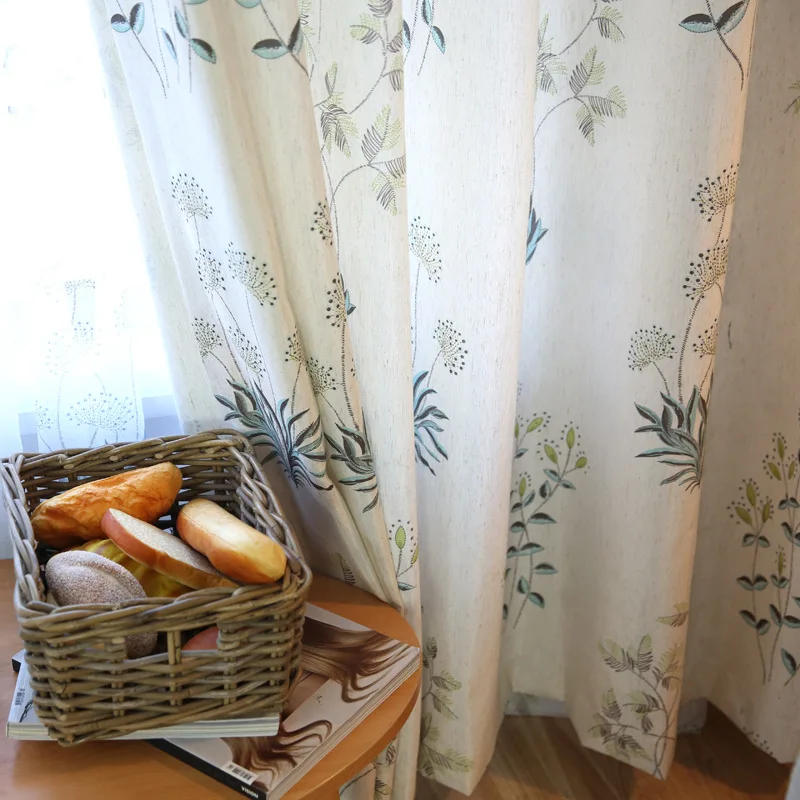 American Country Printed Leaves Pattern Curtain for Living Room Bedroom Tulle Sheer Fabric Drape Cotton Linen Blinds T&393#30