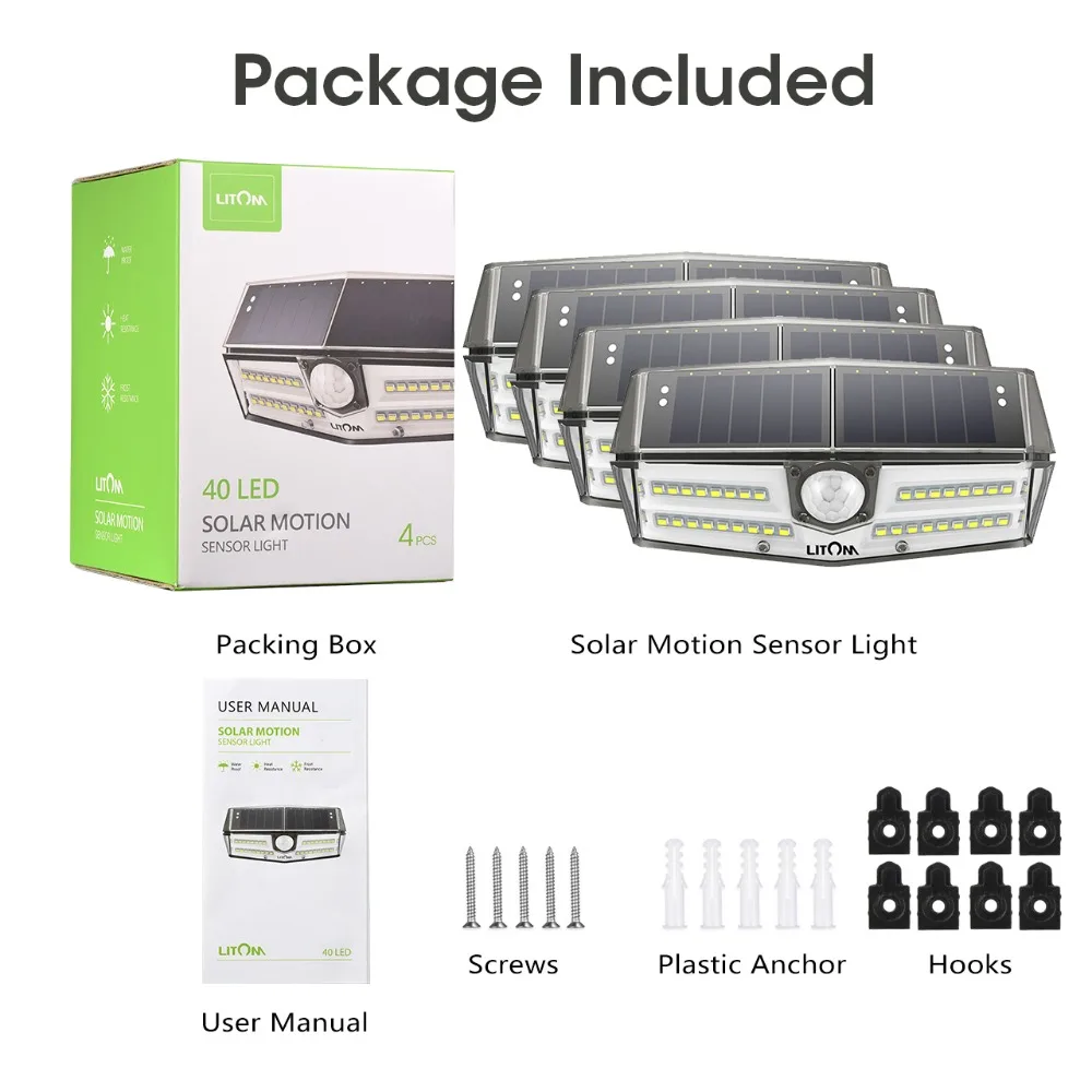 4 Pack 40 LED Solar Lights LITOM CD182 Outdoor Motion Sensor High-efficient Solar Panel Lamp IP66 Luz Solar Led Para Exterior (5)