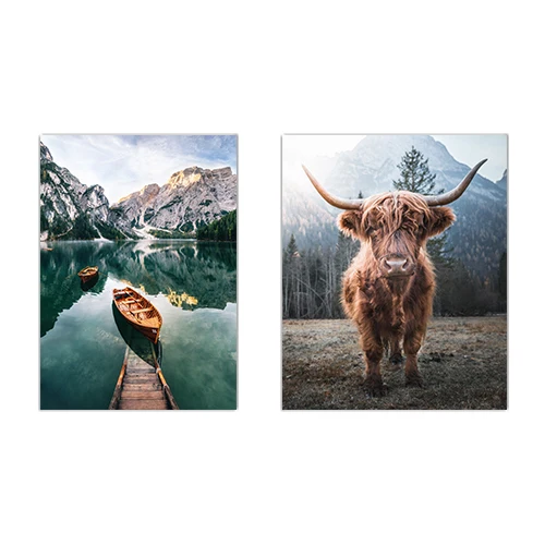 Allenjoy сельский дом картины Highland Корова печать Озеро Лодка поезд Шотландии настенные картины скандинавский природа пейзаж холст плакат - Цвет: CVA-00660-1-2