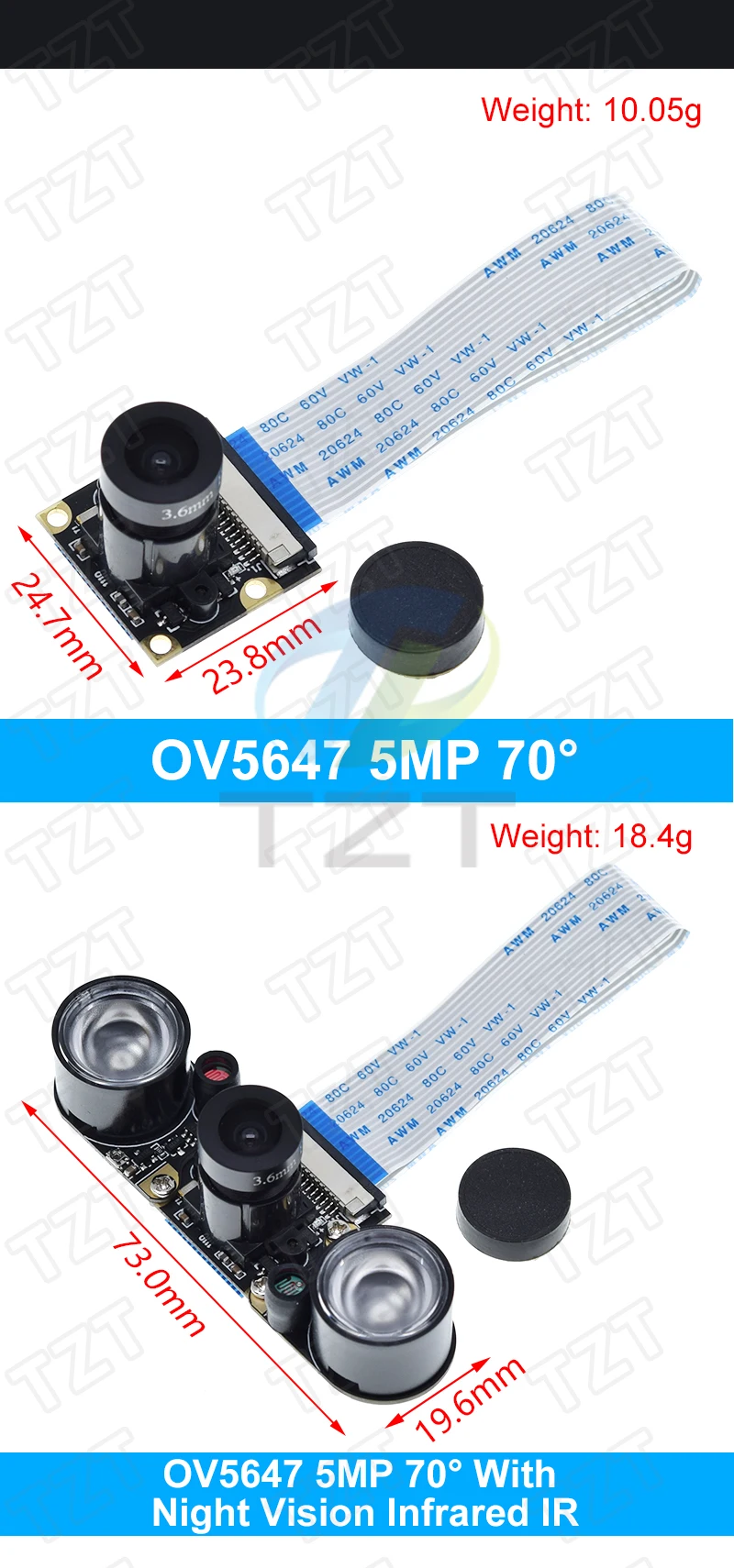 TZT Raspberry Pi 4 Nachtsicht-Fisheye-Kamera 5 MP OV5647 70/95/160 Grad brennweite einstellbare Kamera für Raspberry Pi 3 Modell B – Detail 6