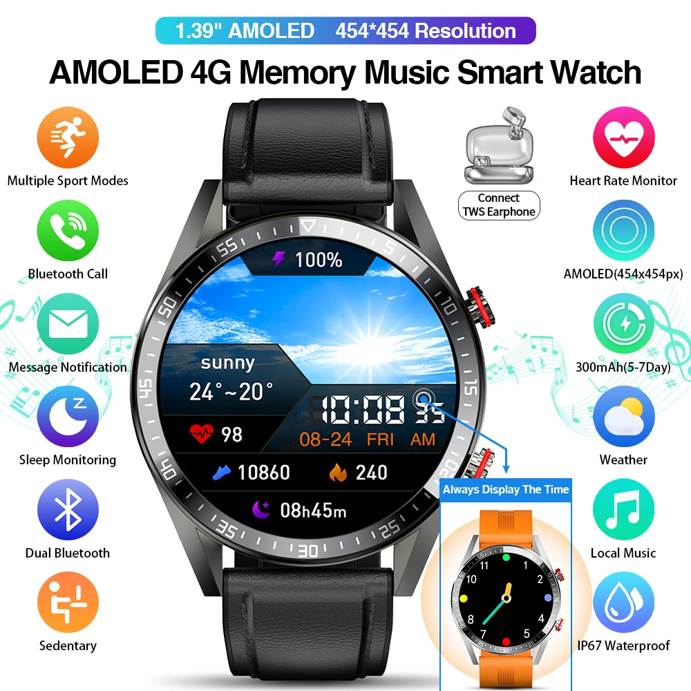 AMOLED display smart watch 454*454 smart watch Always display the time bluetooth call music smartwatch for men TWS earphones