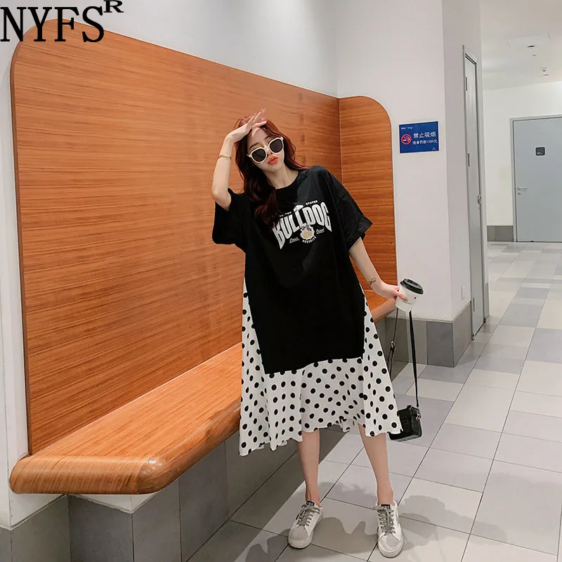 

NYFS 2024 Summer New Korea Woman Dress Loose Plus Size Patchwork Wave Point Swing Vestidos Robe Elbise Fat MM Thin Dress