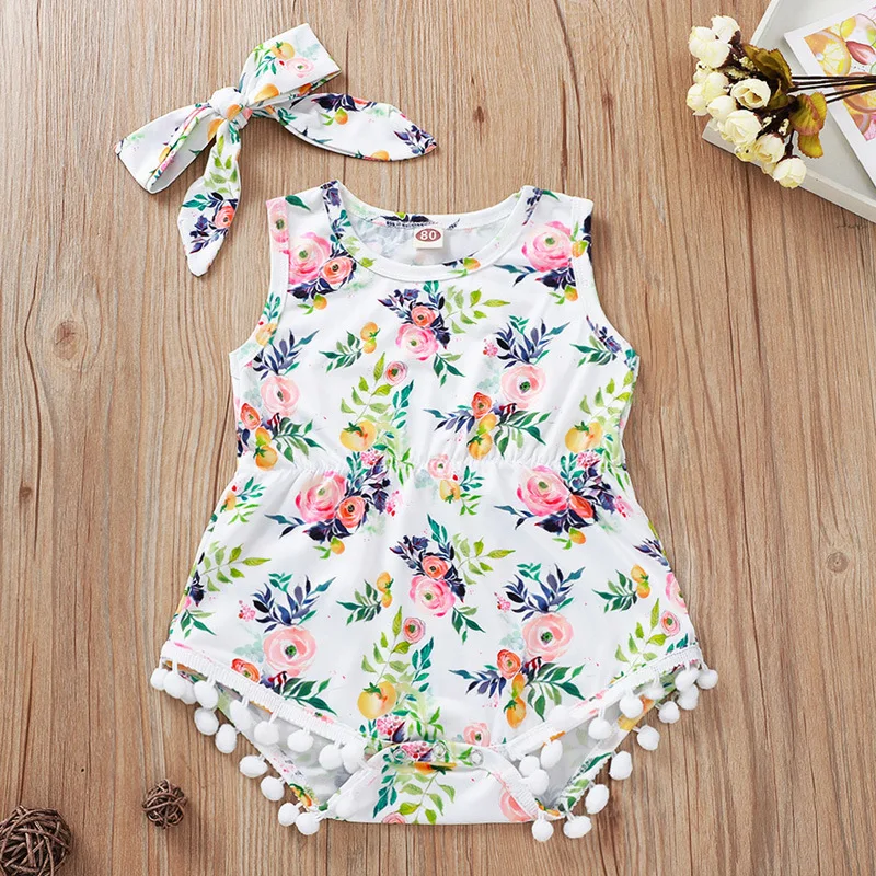

Newborn Baby Girls Floral Printed Romper Sleeveless Green Printed Jumpsuit Outfit Sunsuit Clothes Tassel Ball Cotton Romper