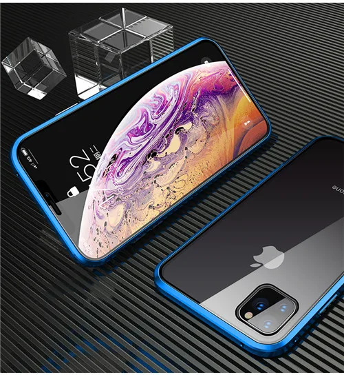 360 Полный Магнитный чехол для iPhone 11 Coque 11 Pro MAX X XS XR металлический бампер двойное закаленное стекло для iPhone 8 7 6 6S Plus чехол - Цвет: Синий