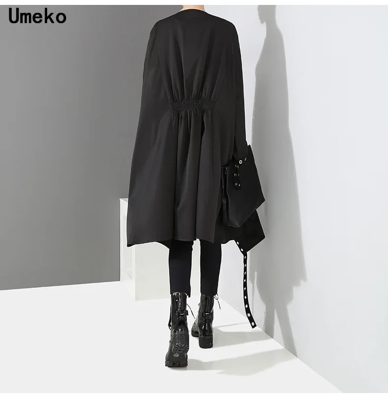 Umeko корейский стиль женский длинный однотонный черный жакет открытый дизайн Длинная лента прошитая с металлическими отверстиями Женский Стильный свободный жакет
