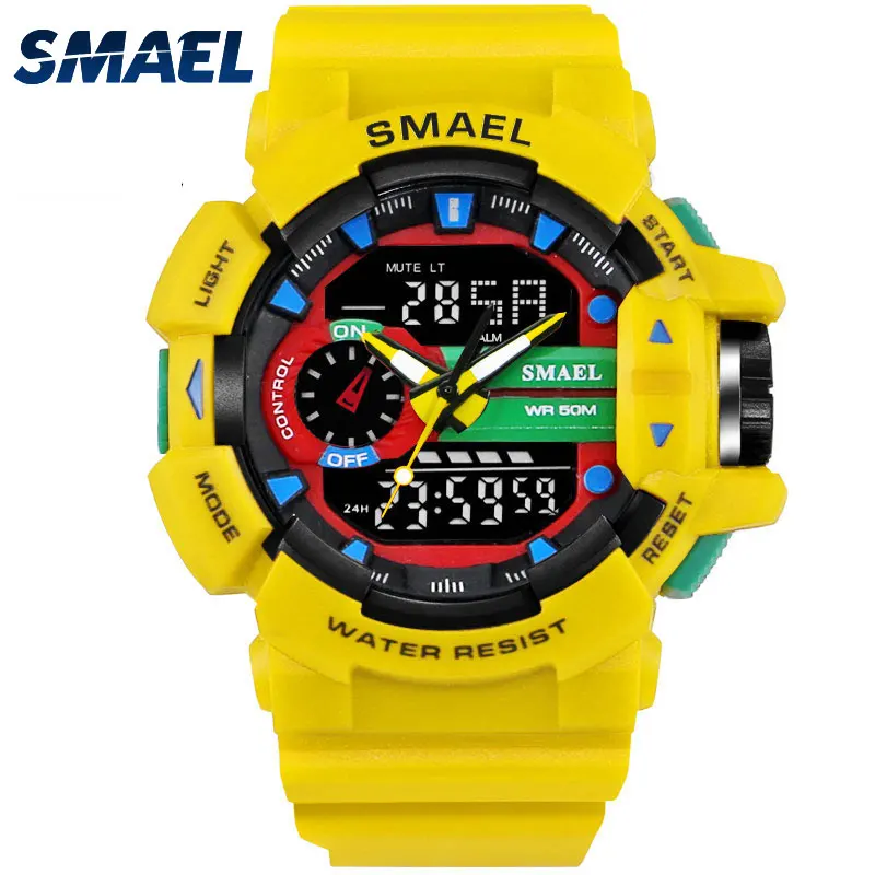 

Geel Sport Horloges Dual Time LED Digitale Horloge Quartz Analog-Digital1436 heren Horloges Militaire Mannen Horloges Digitale