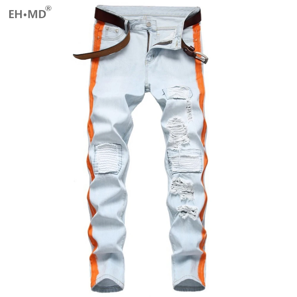 

EHÂ·MDÂ® Orange Double Stripe Jeans Men's Reflective Patch Ripped Pants Slim Frayed High Elasticity Thin Autumn/Winter 2021 New