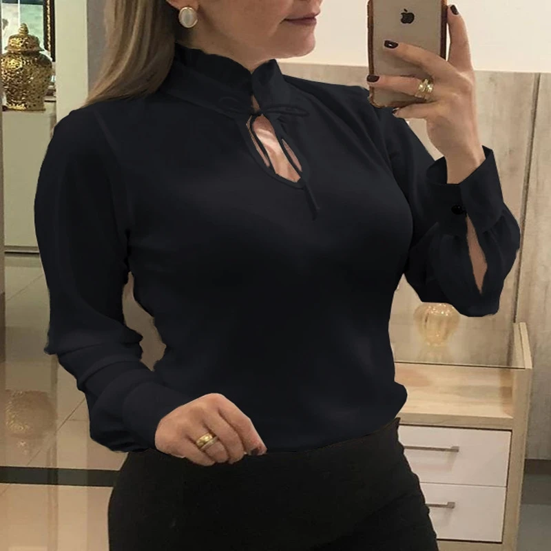 

S-5XL Plus Size Women Bow Tie Blouses Ladies Long-Sleeved Chiffon Oversized Shirt 2019 Summer Female Solid Loose Office Blouse