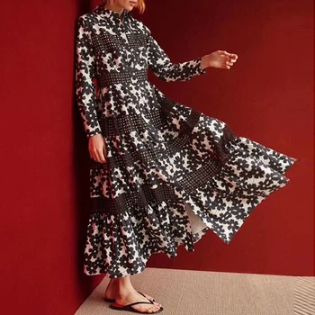 

Fashion New Floral Printed Retro Shirt Long Dress Vestidos 2020 Fall Lapel Single Breasted Hollow Embroidered Runway Party Dress
