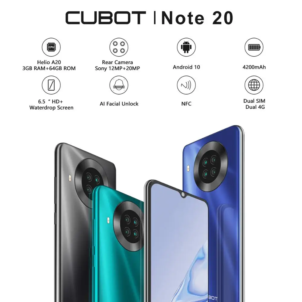 CUBOT Note 20 Mobile Phone  6.5″ HD Display 4200mAh Battery NFC Smart Phones Android 10.0 Rear Quad Camera Cellphones 64gb Rom