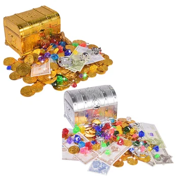 

Besegad Kids Pirate Treasure Box Gold Coins Diamond Crystal Gems Jewelry Paper Cash Finger Ring Halloween Party Pirate Game Toy