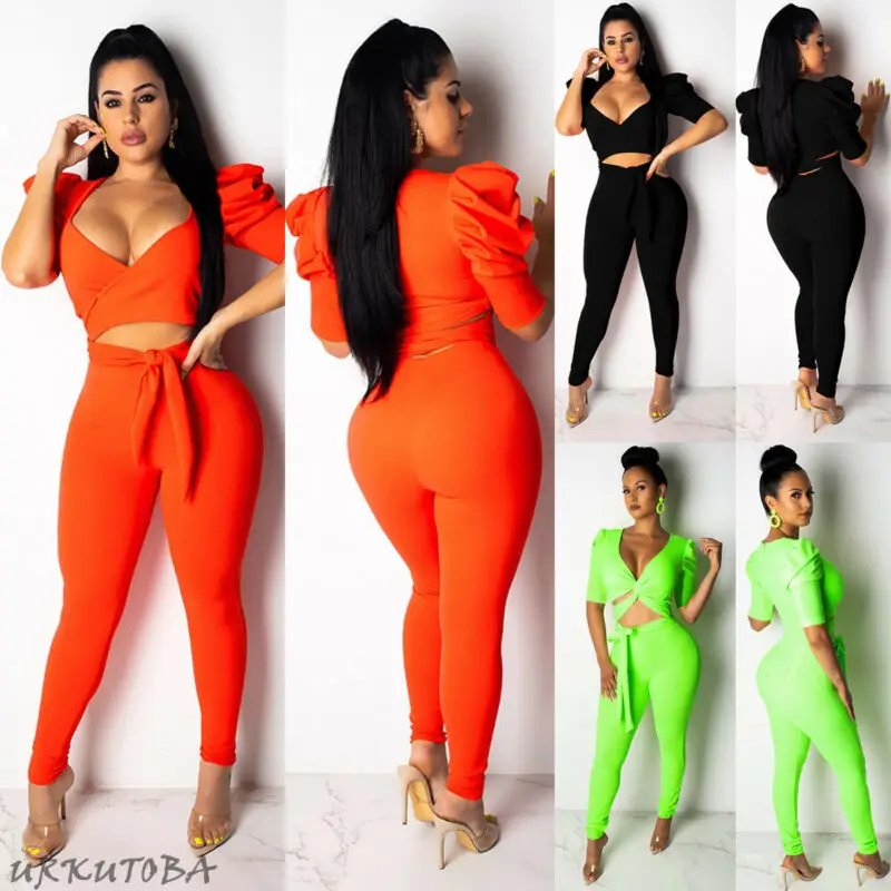 

Leg-Of-Mutton Sleeve DIY Bandage Multiway Wrap Convertible Crop Tops Pants Stretch Sets Clubwear 2 Pieces Elegant Women Summer