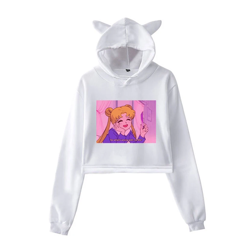 Унисекс с длинным рукавом Короткие толстовки Сейлор Мун эстетические Kawaii кофты осень Забавный пуловер с капюшоном для женщин мужчин хип хоп одежда - Цвет: 902-mx-1218-28(2)