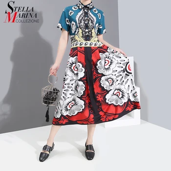 

New 2020 Colorful Flowers Printed Women Summer Long Shirt Dress Straight Ladies Korean Style Night Party Elegant Dress Robe 6031