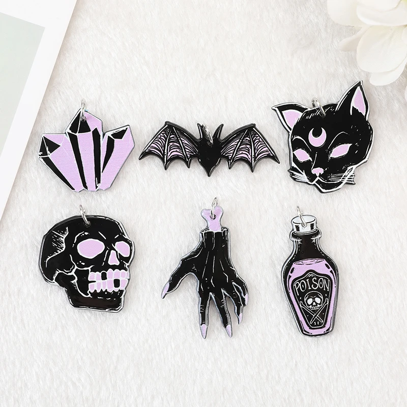 12Pcs Halloween Charms Black Punk Witches Crafts Skull Hand Cat Bat Crystal Acrylic Jewlery Findings For Earring Necklace Diy