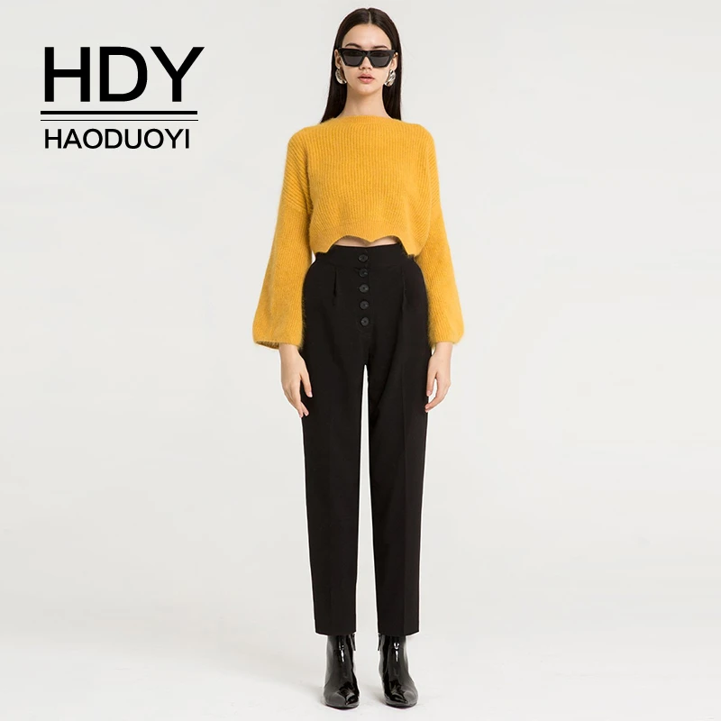 

HDY Haoduoyi Women Sweet Kawaii Sexy Casual Long Flare Sleeve Solid Crewneck Dailywear Wave Him Autumn Pullover Sweater