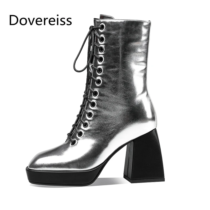 

Dovereiss Fashion Women's Shoes Winter sexy Elegant Waterproof Zipper Square toe Cross tied Block heels Short boots Concise33-43