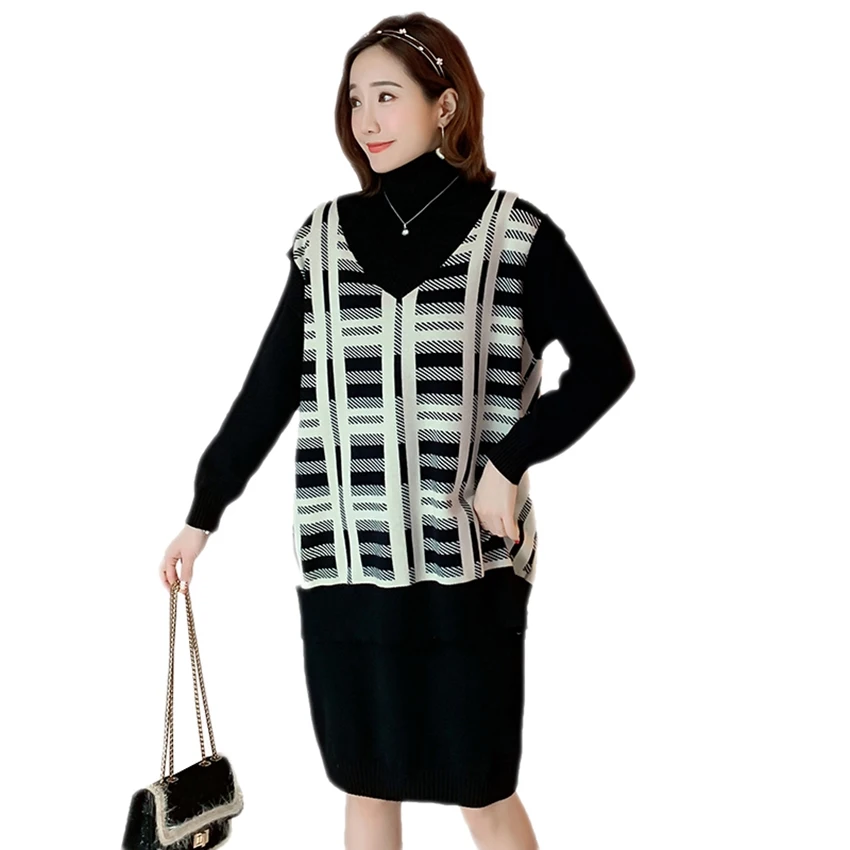 Корейское модное платье для беременных осенне-зимнее платье для беременных Ретро жилет свитер с юбкой вязаный костюм из двух предметов