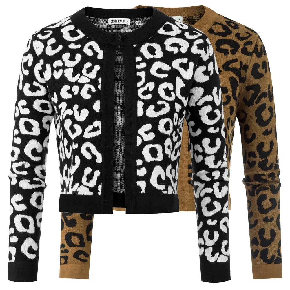 Grace Karin/модные женские трикотажные изделия с леопардовым узором пальто кардиган