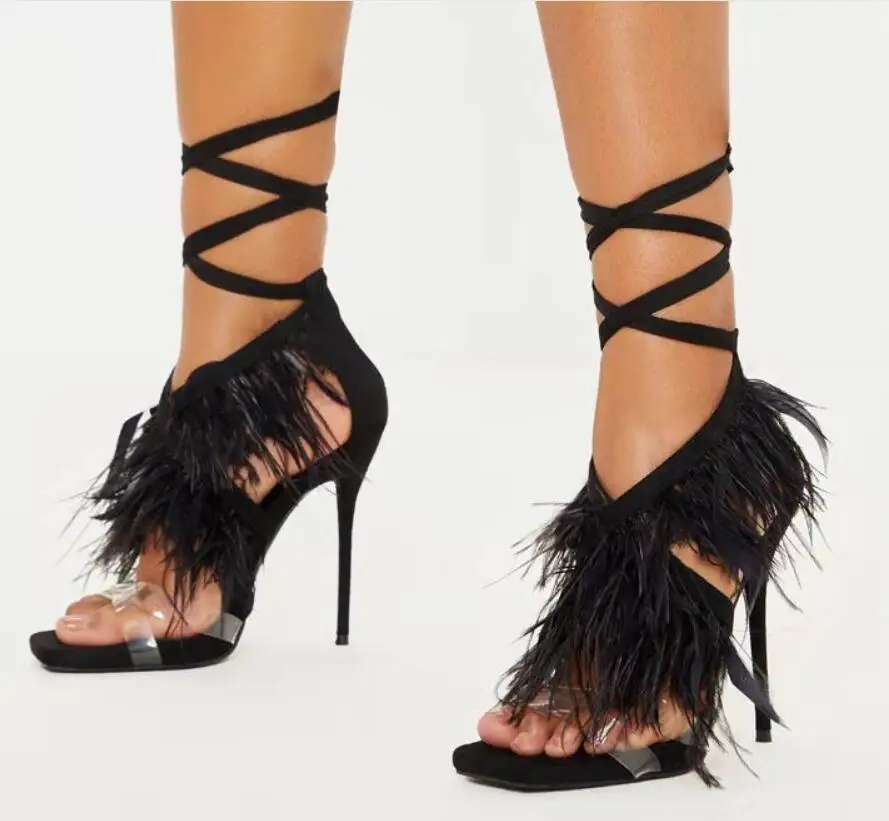 

2020 Women's Shoes Sexy Crossing Bandage Feather Fine With Square Transparent Sandals