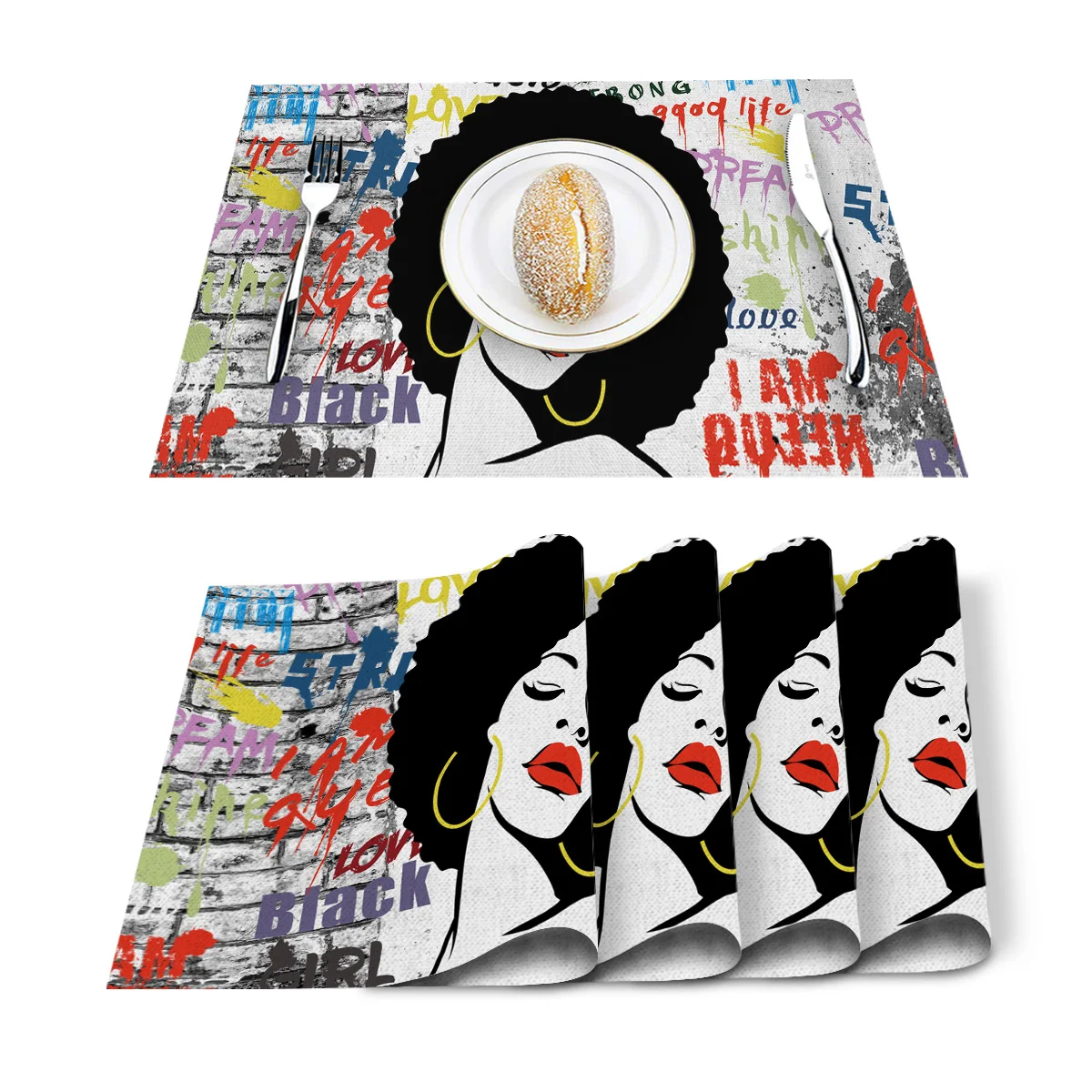 4/6pcs Set Table Mats Black Girl I Am Queen Graffiti Sexy Lips Napkin Kitchen Accessories Home Party Decor Placemats | Дом и сад