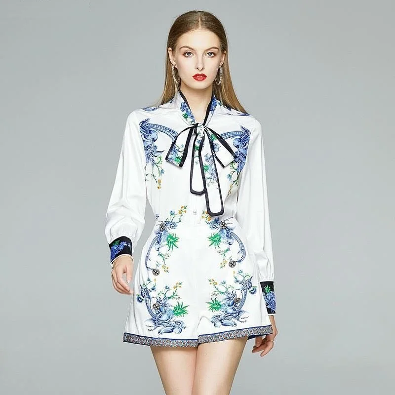 

Satin Print Dragon Pattern Summer Women's Bow Bow Chiffon Top Shirt + Dragon Shorts Set 2020New Women's Summer Fashion Set XL